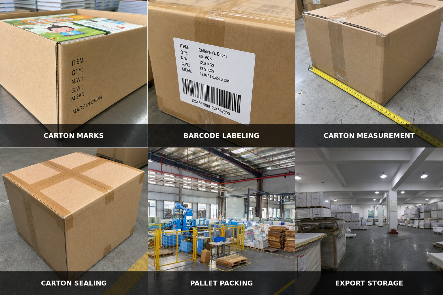 Children’s book export carton labeling, sealing and pallet packing