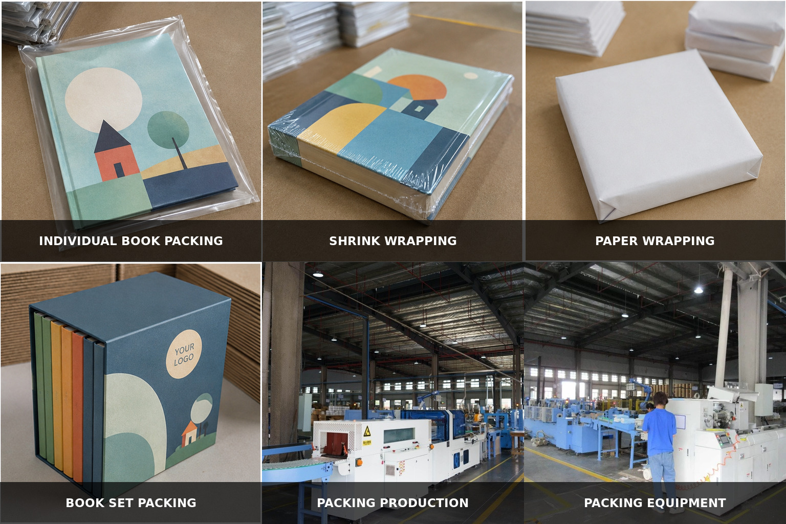 Children’s book packing process from individual wrapping to packing equipment