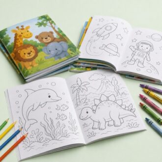 Children coloring book printing with black line illustrations, activity pages and coloring paper