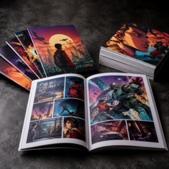 Custom comic book printing with full color illustrated pages, softcover binding and graphic artwork