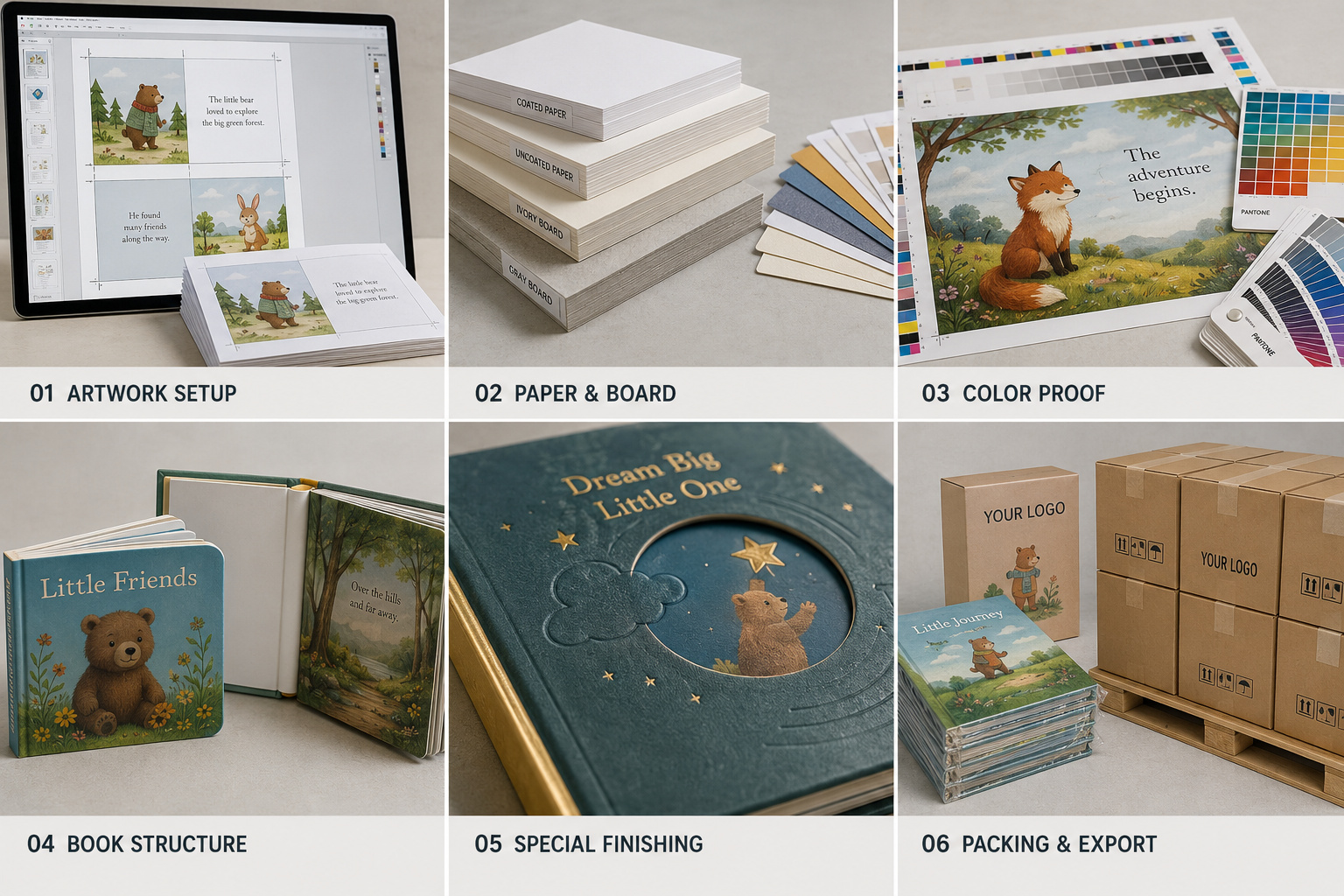 Custom children’s book printing process from artwork to export packing