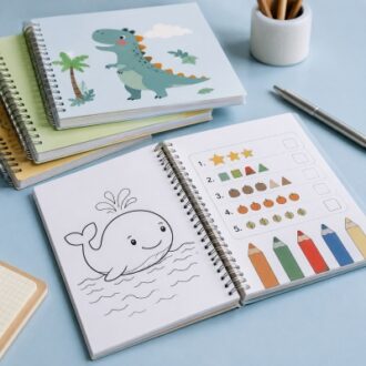 Children spiral book printing with wire binding, activity pages and flat opening book structure